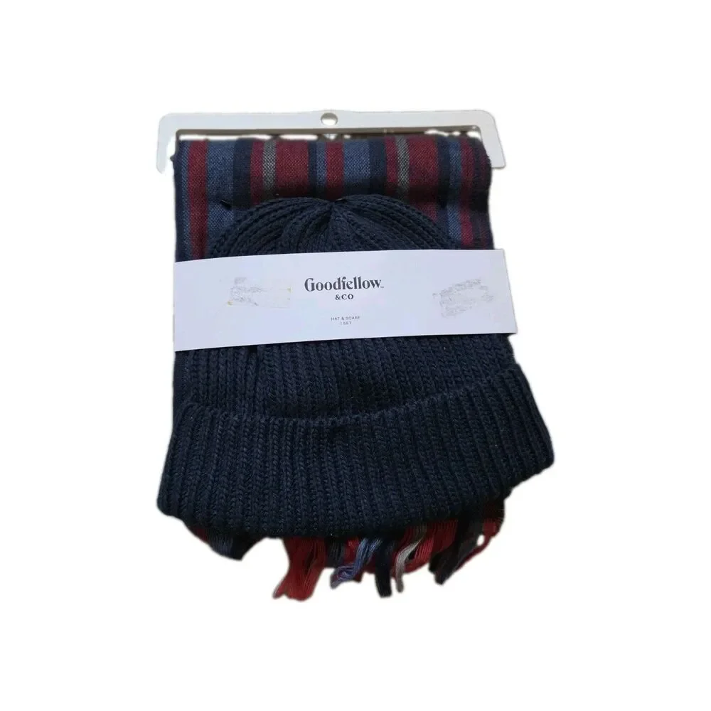 NWT Goodfellow & Co Hat & Scarf Set Blue Red Striped Knit Beanie One Size